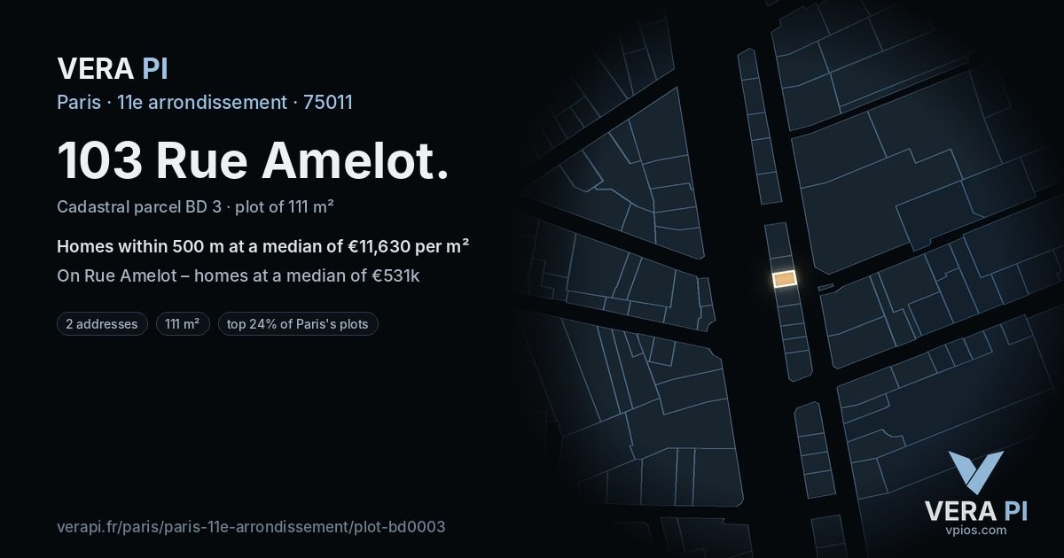 103 Rue Amelot, 11e arrondissement at night – the plot lit, the parcels around coloured by the prices near them