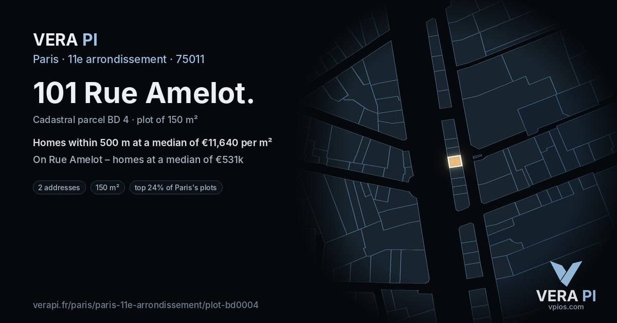 101 Rue Amelot, 11e arrondissement at night – the plot lit, the parcels around coloured by the prices near them