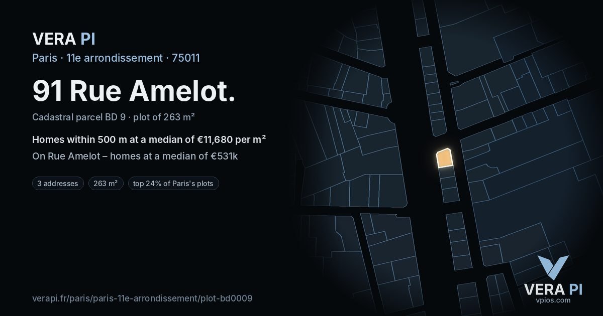 91 Rue Amelot, 11e arrondissement at night – the plot lit, the parcels around coloured by the prices near them