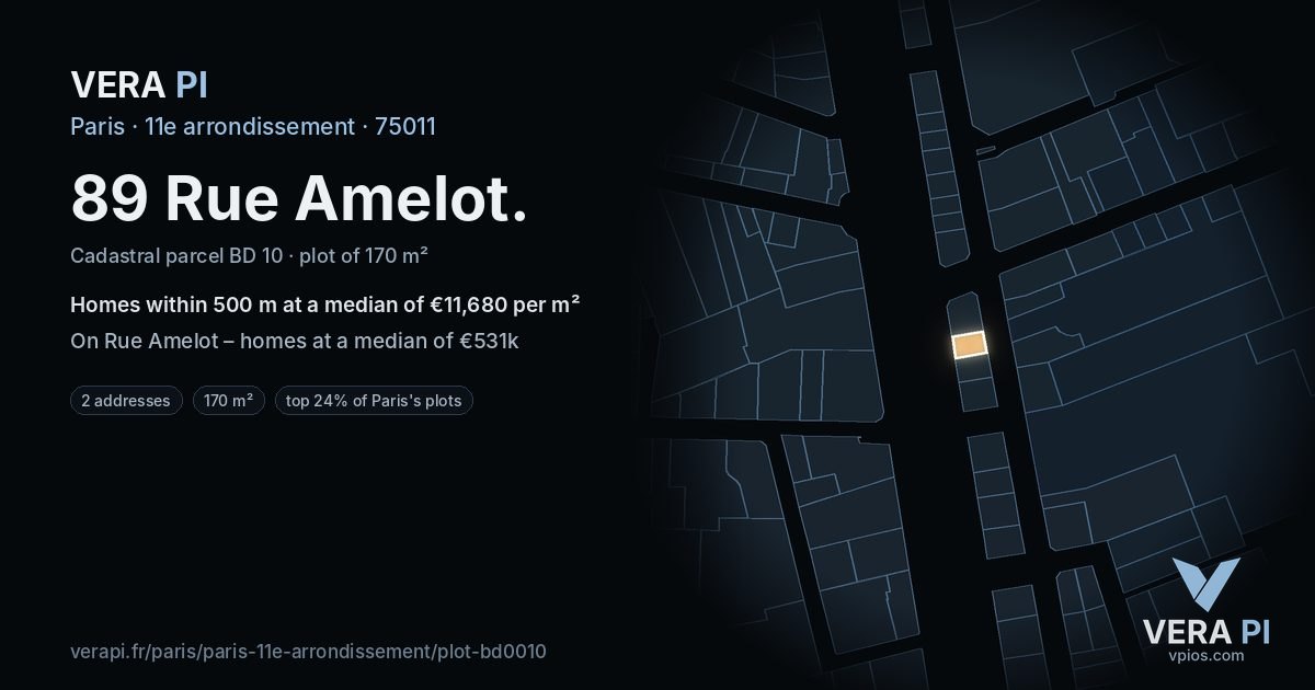 89 Rue Amelot, 11e arrondissement at night – the plot lit, the parcels around coloured by the prices near them