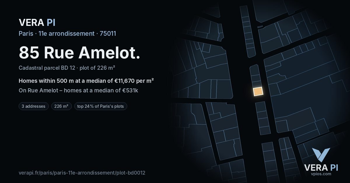 85 Rue Amelot, 11e arrondissement at night – the plot lit, the parcels around coloured by the prices near them