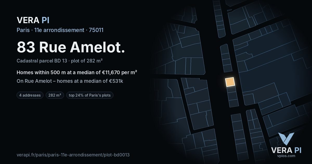 83 Rue Amelot, 11e arrondissement at night – the plot lit, the parcels around coloured by the prices near them