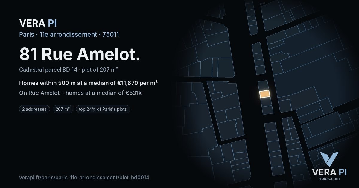 81 Rue Amelot, 11e arrondissement at night – the plot lit, the parcels around coloured by the prices near them