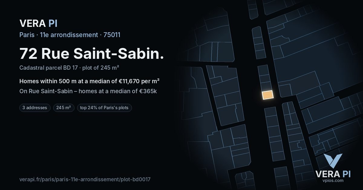 72 Rue Saint-Sabin, 11e arrondissement at night – the plot lit, the parcels around coloured by the prices near them