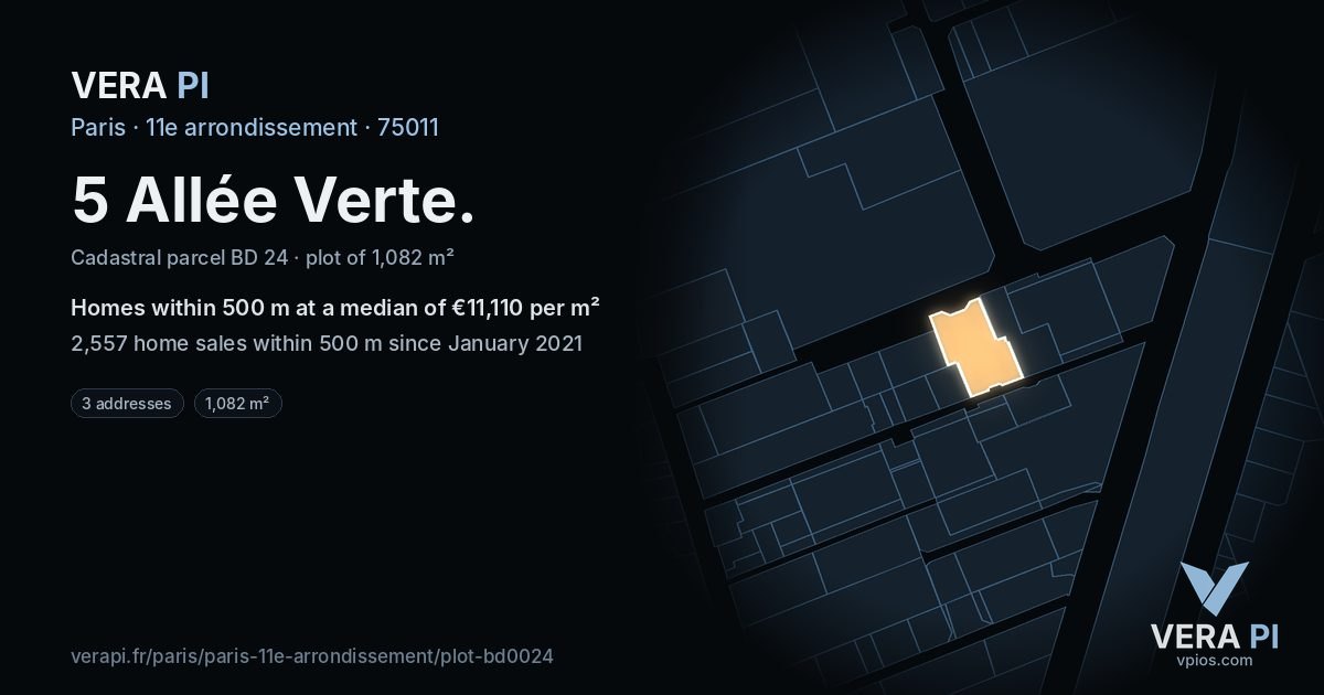 5 Allée Verte, 11e arrondissement at night – the plot lit, the parcels around coloured by the prices near them