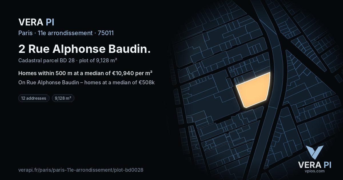 2 Rue Alphonse Baudin, 11e arrondissement at night – the plot lit, the parcels around coloured by the prices near them