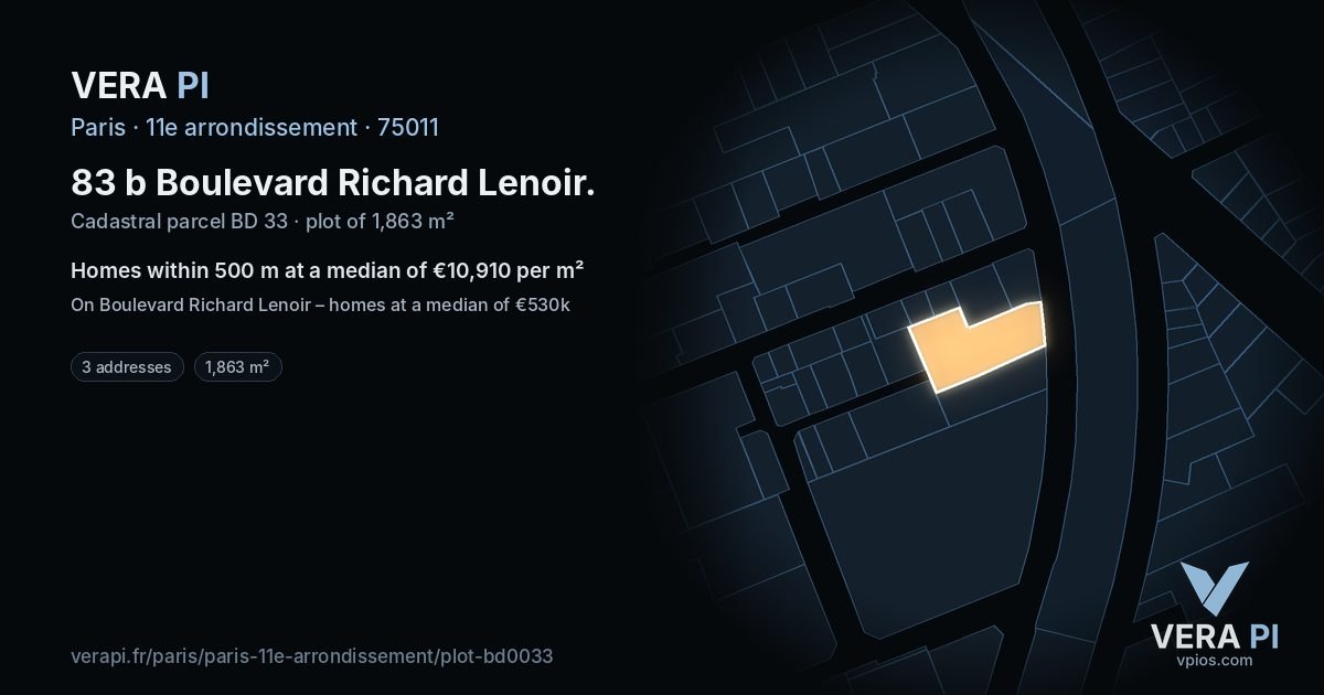 83 b Boulevard Richard Lenoir, 11e arrondissement at night – the plot lit, the parcels around coloured by the prices near them