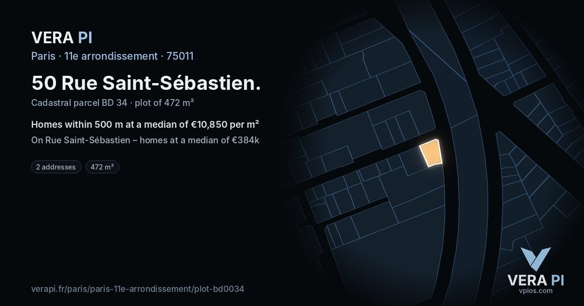 50 Rue Saint-Sébastien, 11e arrondissement at night – the plot lit, the parcels around coloured by the prices near them