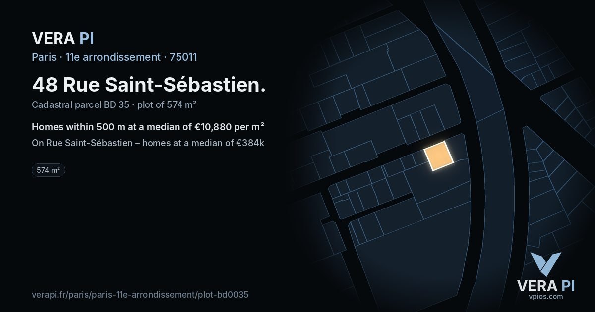 48 Rue Saint-Sébastien, 11e arrondissement at night – the plot lit, the parcels around coloured by the prices near them