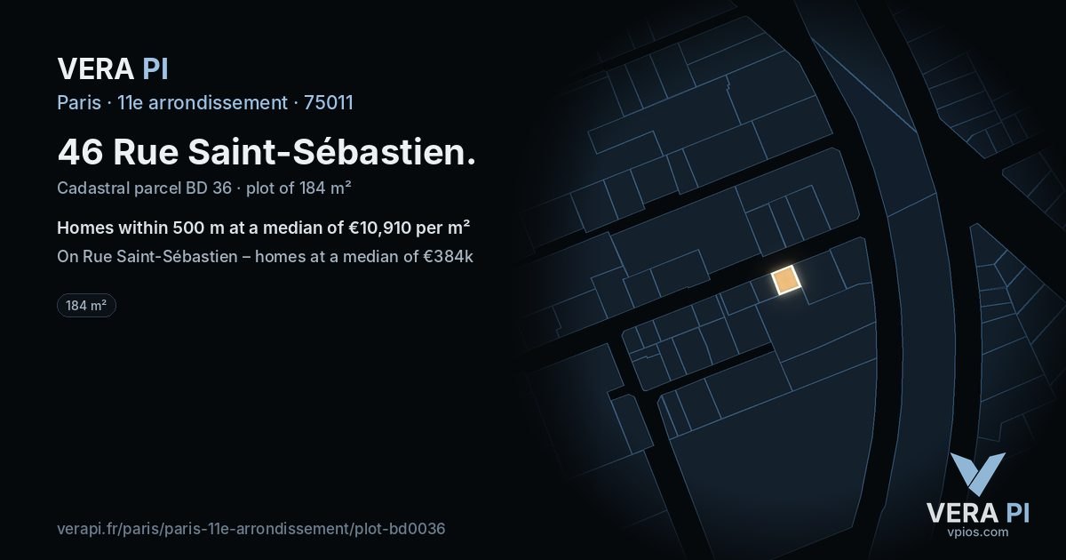46 Rue Saint-Sébastien, 11e arrondissement at night – the plot lit, the parcels around coloured by the prices near them