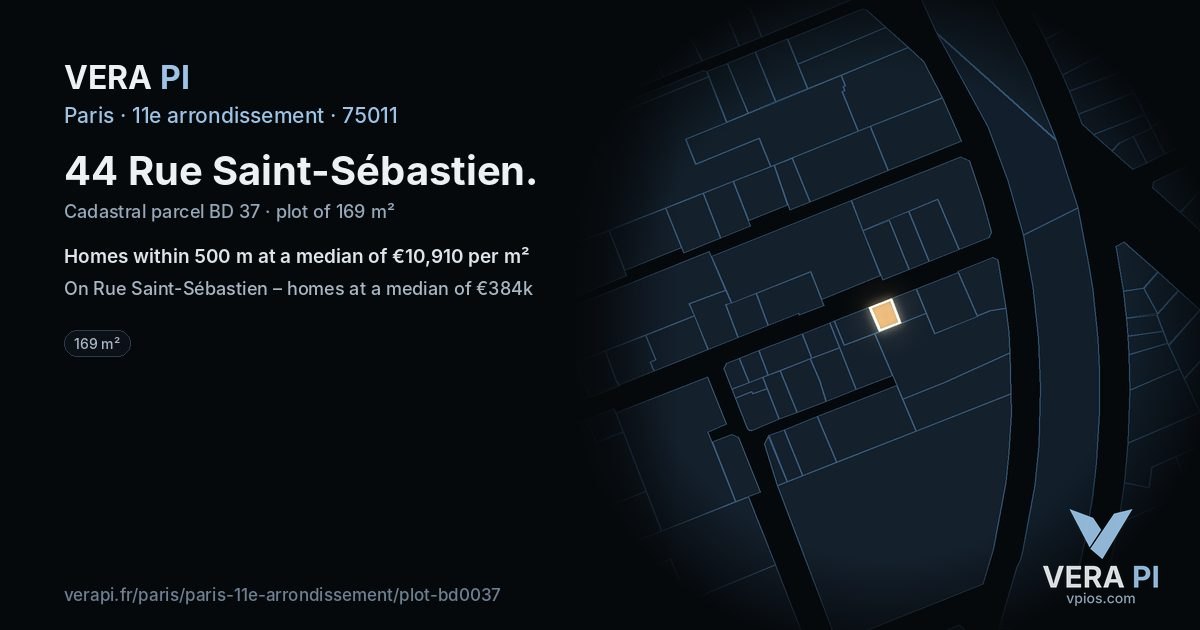 44 Rue Saint-Sébastien, 11e arrondissement at night – the plot lit, the parcels around coloured by the prices near them