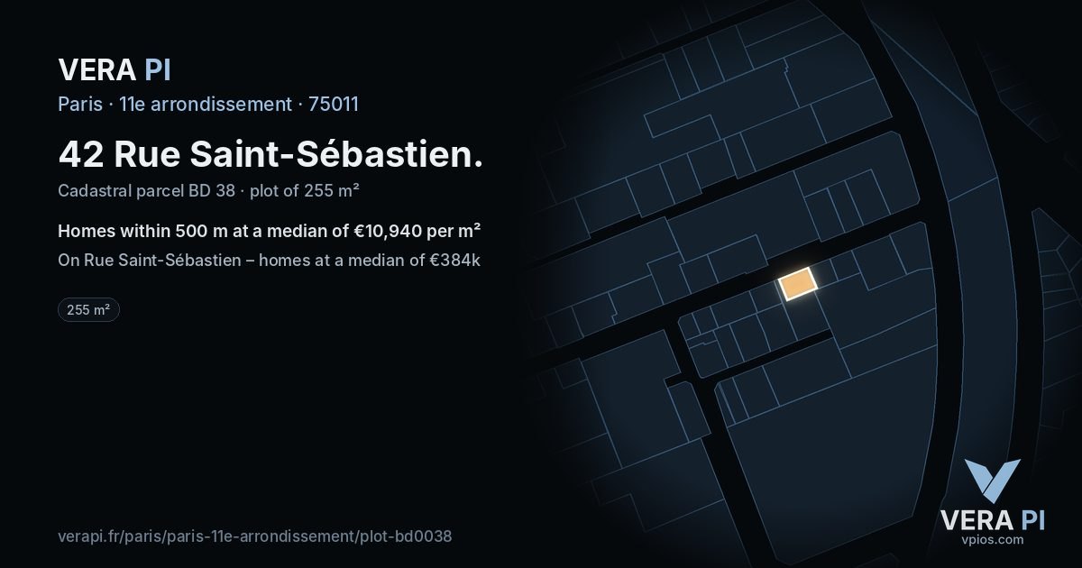 42 Rue Saint-Sébastien, 11e arrondissement at night – the plot lit, the parcels around coloured by the prices near them