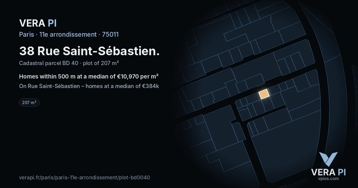 38 Rue Saint-Sébastien, 11e arrondissement at night – the plot lit, the parcels around coloured by the prices near them