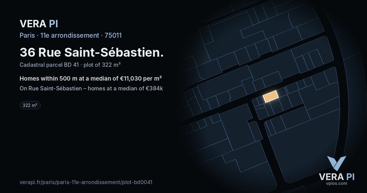 36 Rue Saint-Sébastien, 11e arrondissement at night – the plot lit, the parcels around coloured by the prices near them