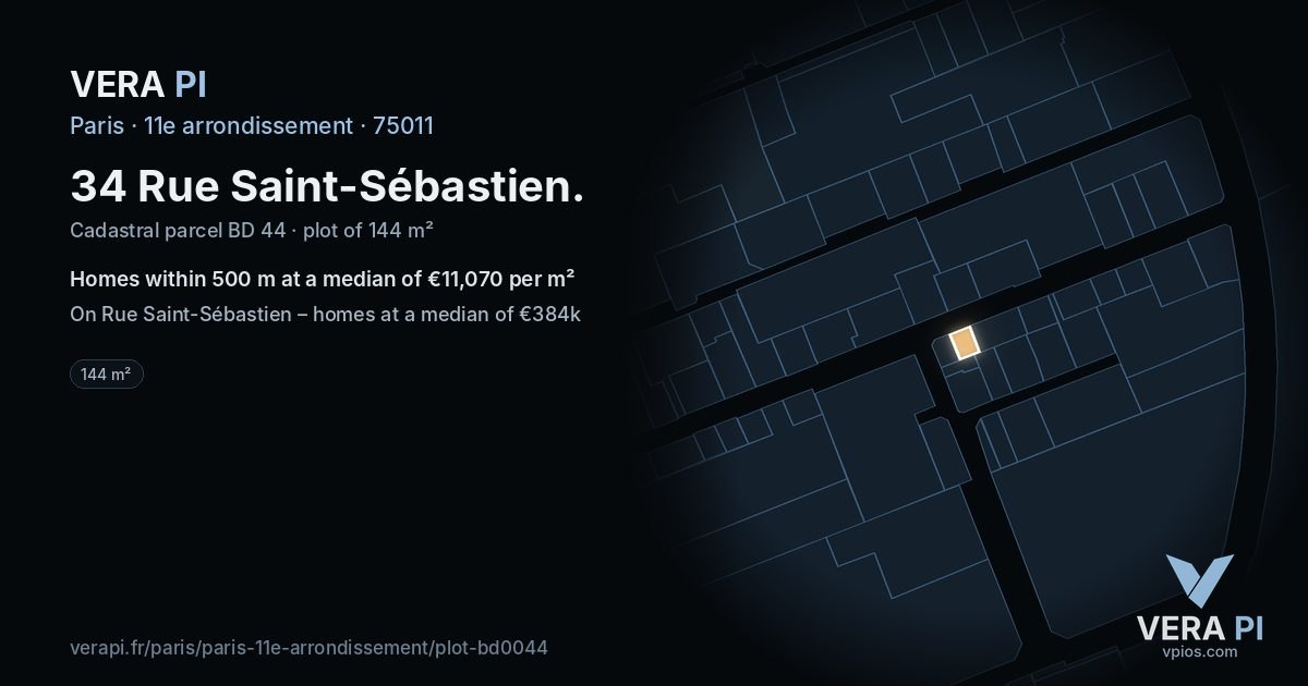 34 Rue Saint-Sébastien, 11e arrondissement at night – the plot lit, the parcels around coloured by the prices near them