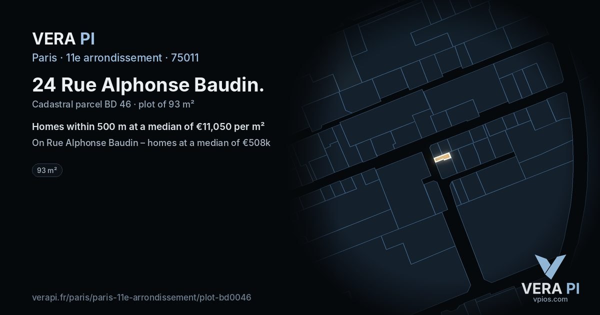 24 Rue Alphonse Baudin, 11e arrondissement at night – the plot lit, the parcels around coloured by the prices near them