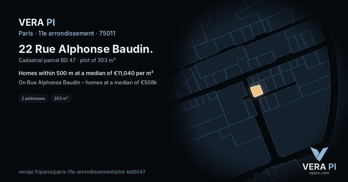 22 Rue Alphonse Baudin, 11e arrondissement at night – the plot lit, the parcels around coloured by the prices near them