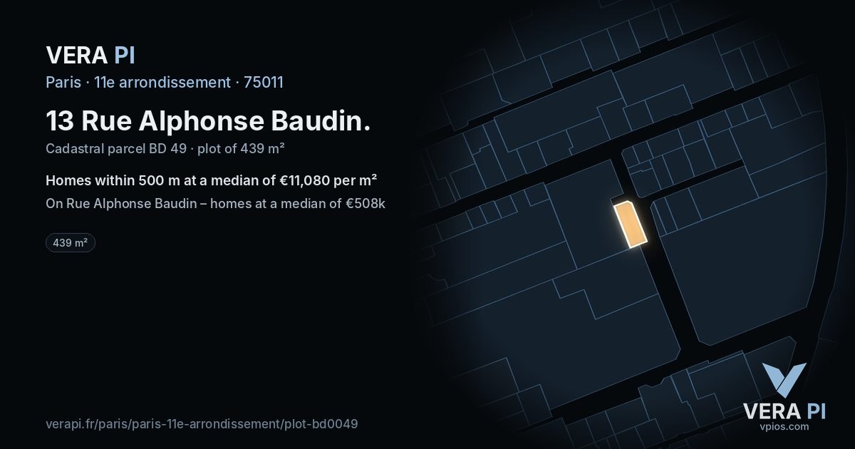 13 Rue Alphonse Baudin, 11e arrondissement at night – the plot lit, the parcels around coloured by the prices near them