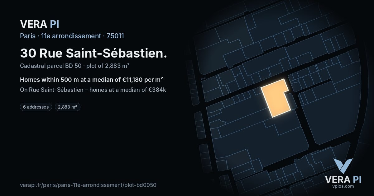 30 Rue Saint-Sébastien, 11e arrondissement at night – the plot lit, the parcels around coloured by the prices near them
