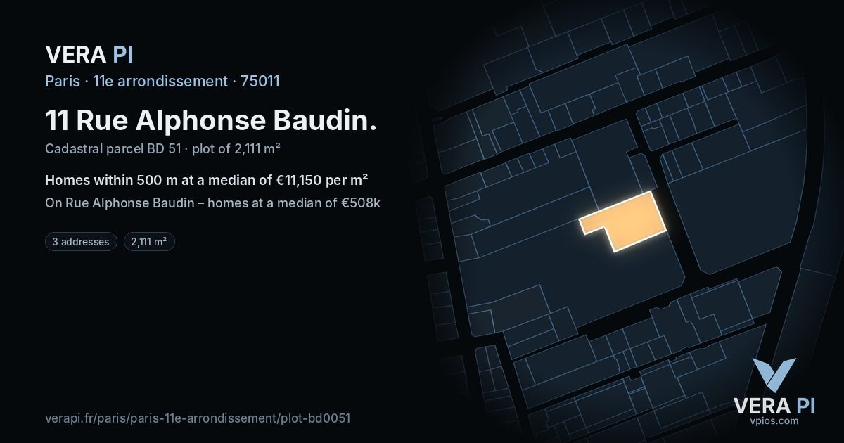 11 Rue Alphonse Baudin, 11e arrondissement at night – the plot lit, the parcels around coloured by the prices near them