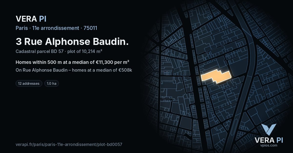 3 Rue Alphonse Baudin, 11e arrondissement at night – the plot lit, the parcels around coloured by the prices near them