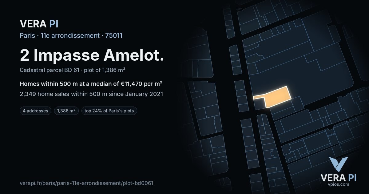 2 Impasse Amelot, 11e arrondissement at night – the plot lit, the parcels around coloured by the prices near them