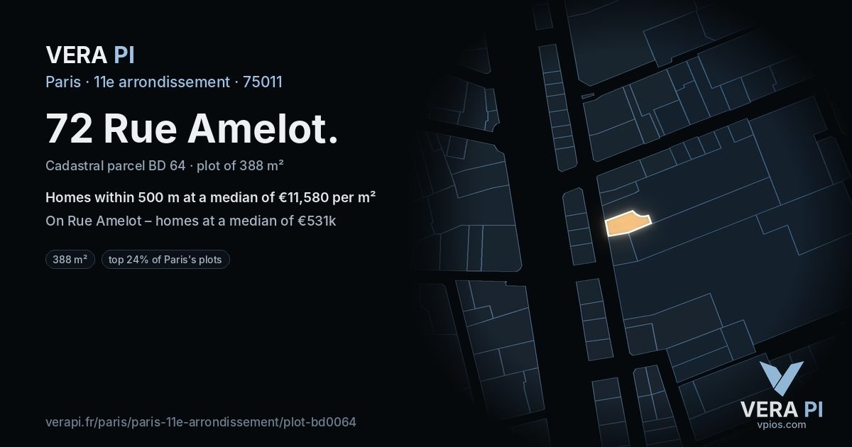 72 Rue Amelot, 11e arrondissement at night – the plot lit, the parcels around coloured by the prices near them