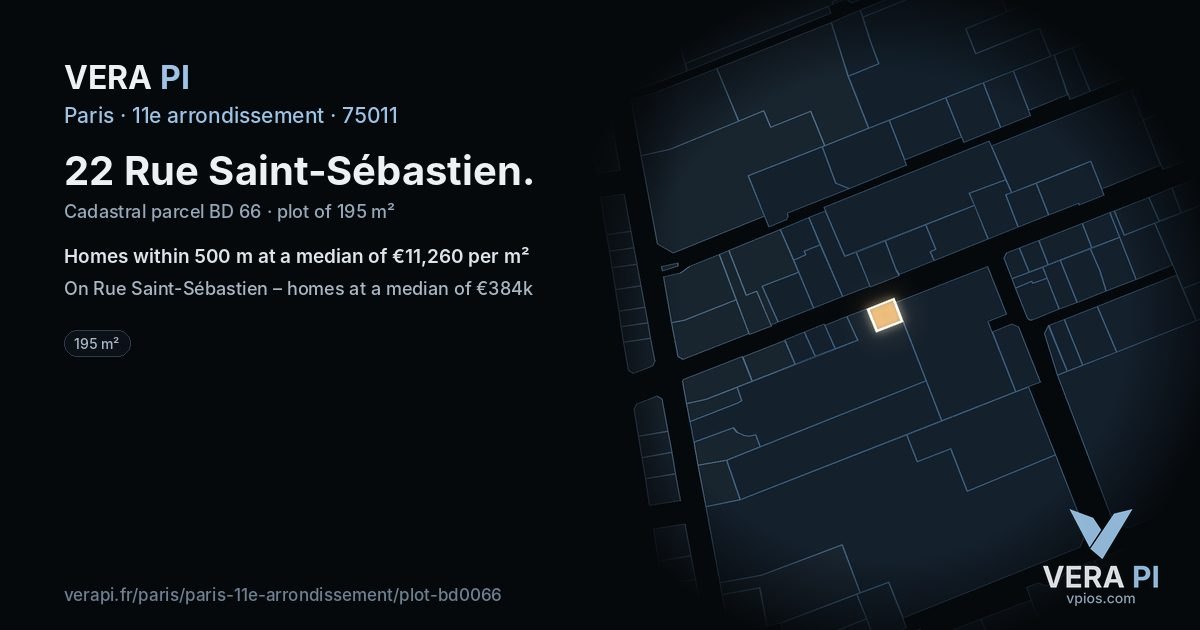 22 Rue Saint-Sébastien, 11e arrondissement at night – the plot lit, the parcels around coloured by the prices near them