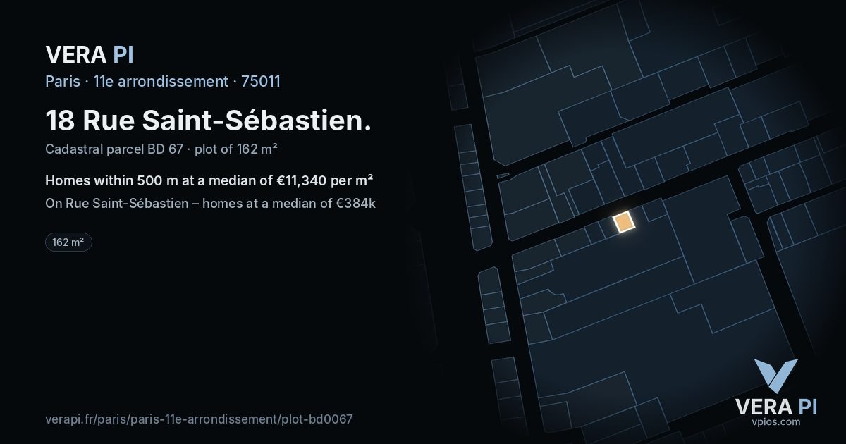 18 Rue Saint-Sébastien, 11e arrondissement at night – the plot lit, the parcels around coloured by the prices near them