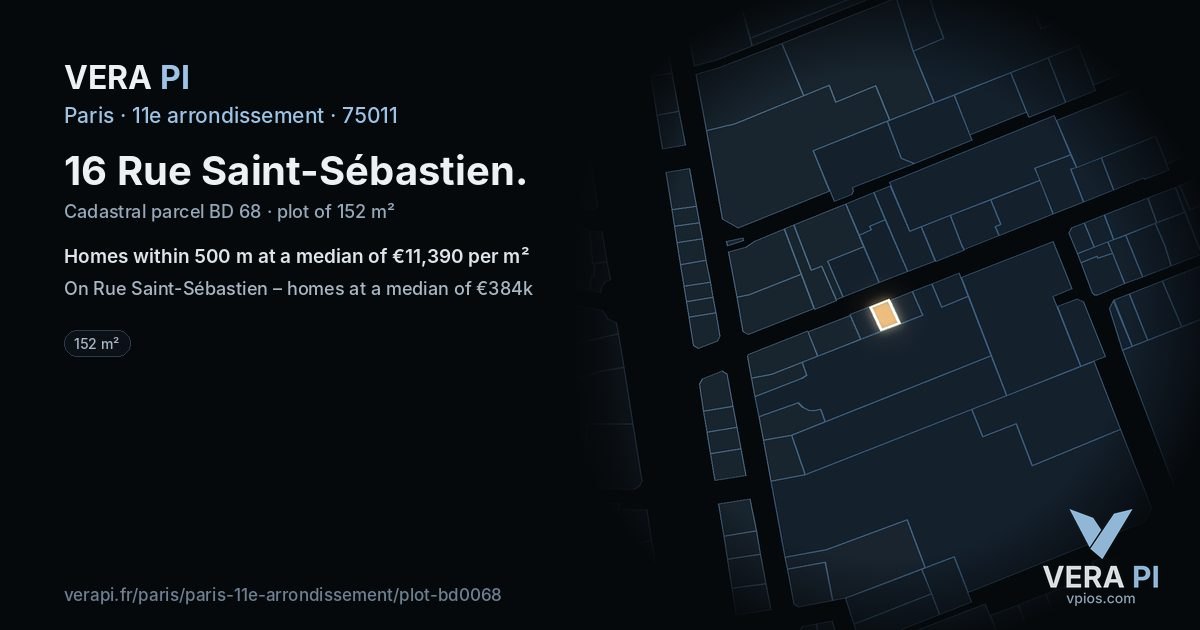 16 Rue Saint-Sébastien, 11e arrondissement at night – the plot lit, the parcels around coloured by the prices near them
