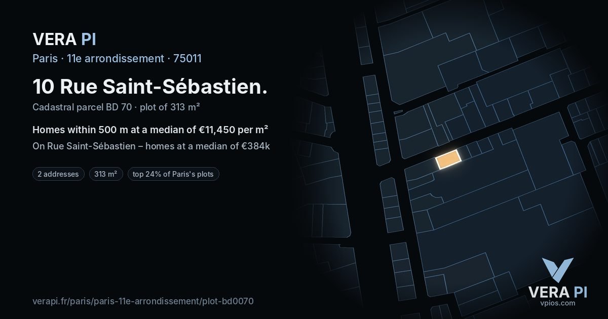 10 Rue Saint-Sébastien, 11e arrondissement at night – the plot lit, the parcels around coloured by the prices near them