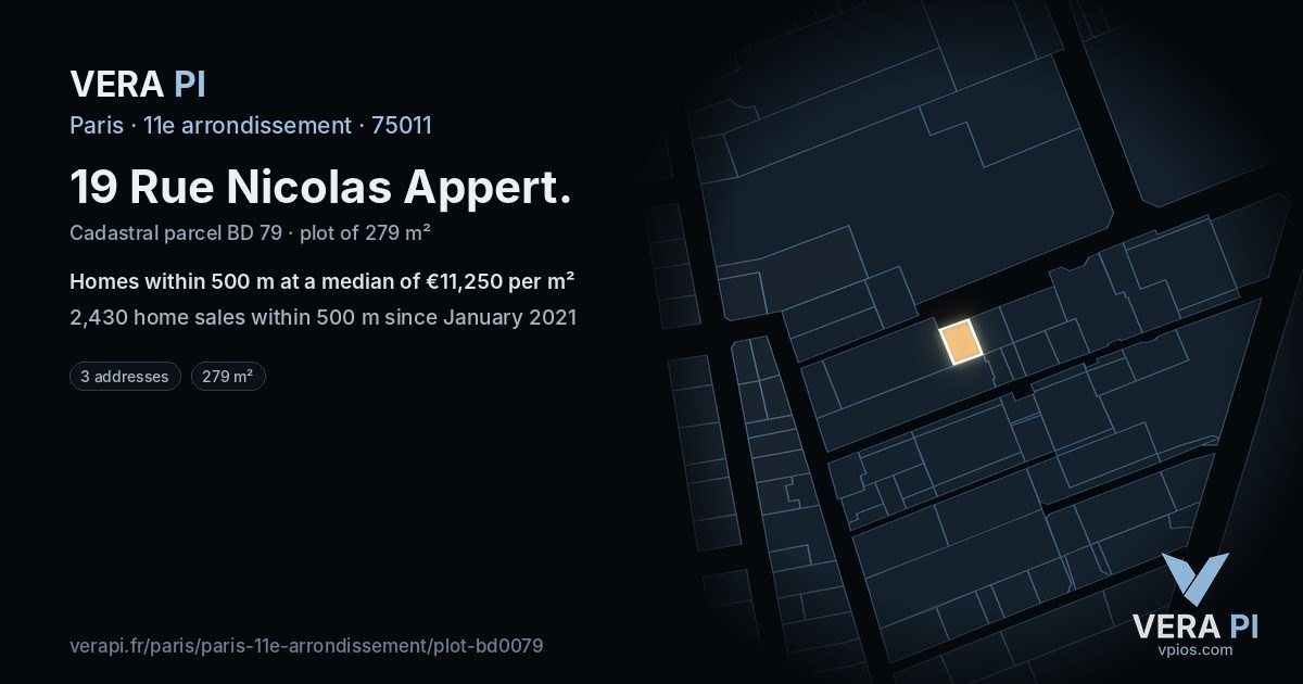 19 Rue Nicolas Appert, 11e arrondissement at night – the plot lit, the parcels around coloured by the prices near them