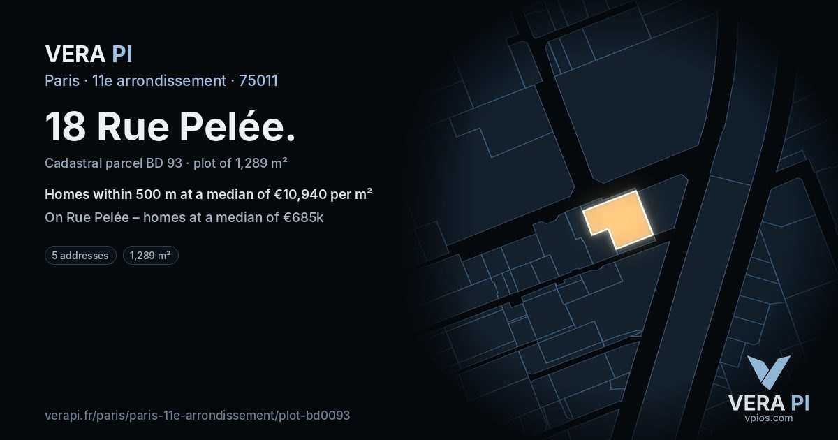 18 Rue Pelée, 11e arrondissement at night – the plot lit, the parcels around coloured by the prices near them