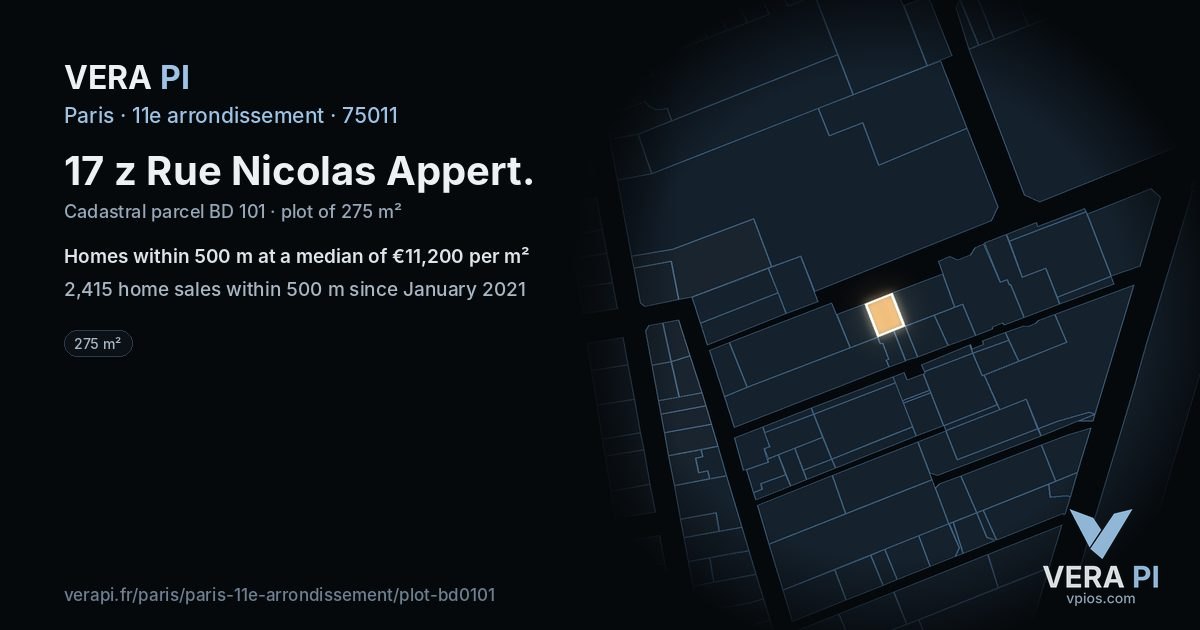 17 z Rue Nicolas Appert, 11e arrondissement at night – the plot lit, the parcels around coloured by the prices near them