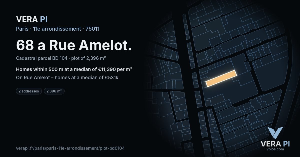 68 a Rue Amelot, 11e arrondissement at night – the plot lit, the parcels around coloured by the prices near them