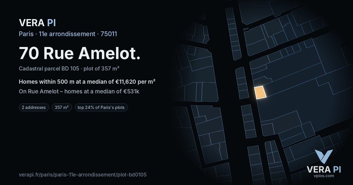 70 Rue Amelot, 11e arrondissement at night – the plot lit, the parcels around coloured by the prices near them