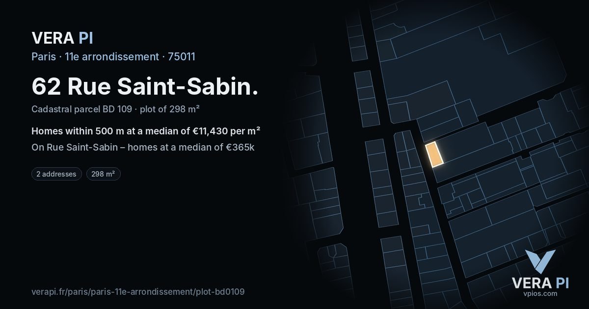 62 Rue Saint-Sabin, 11e arrondissement at night – the plot lit, the parcels around coloured by the prices near them