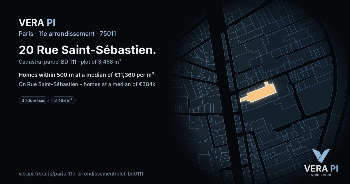 20 Rue Saint-Sébastien, 11e arrondissement at night – the plot lit, the parcels around coloured by the prices near them