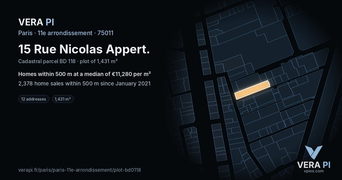 15 Rue Nicolas Appert, 11e arrondissement at night – the plot lit, the parcels around coloured by the prices near them