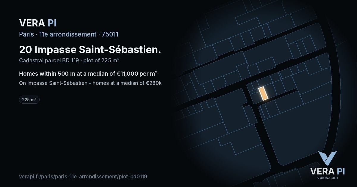 20 Impasse Saint-Sébastien, 11e arrondissement at night – the plot lit, the parcels around coloured by the prices near them