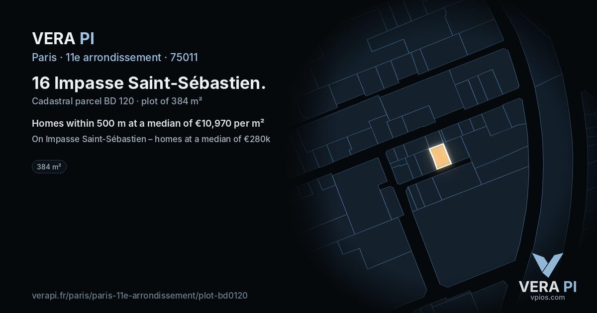 16 Impasse Saint-Sébastien, 11e arrondissement at night – the plot lit, the parcels around coloured by the prices near them