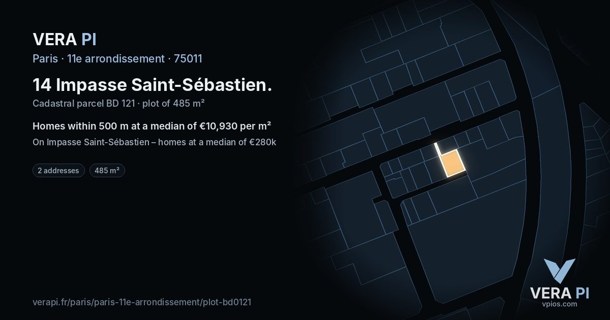 14 Impasse Saint-Sébastien, 11e arrondissement at night – the plot lit, the parcels around coloured by the prices near them