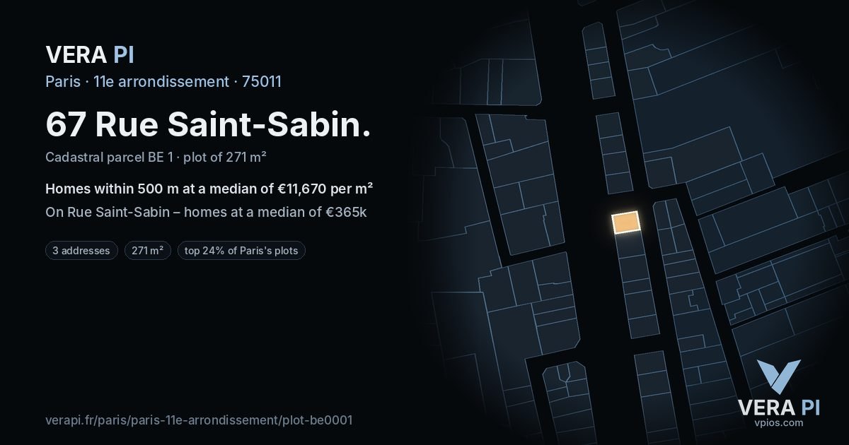 67 Rue Saint-Sabin, 11e arrondissement at night – the plot lit, the parcels around coloured by the prices near them
