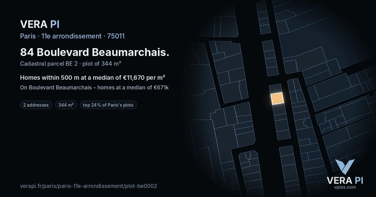84 Boulevard Beaumarchais, 11e arrondissement at night – the plot lit, the parcels around coloured by the prices near them