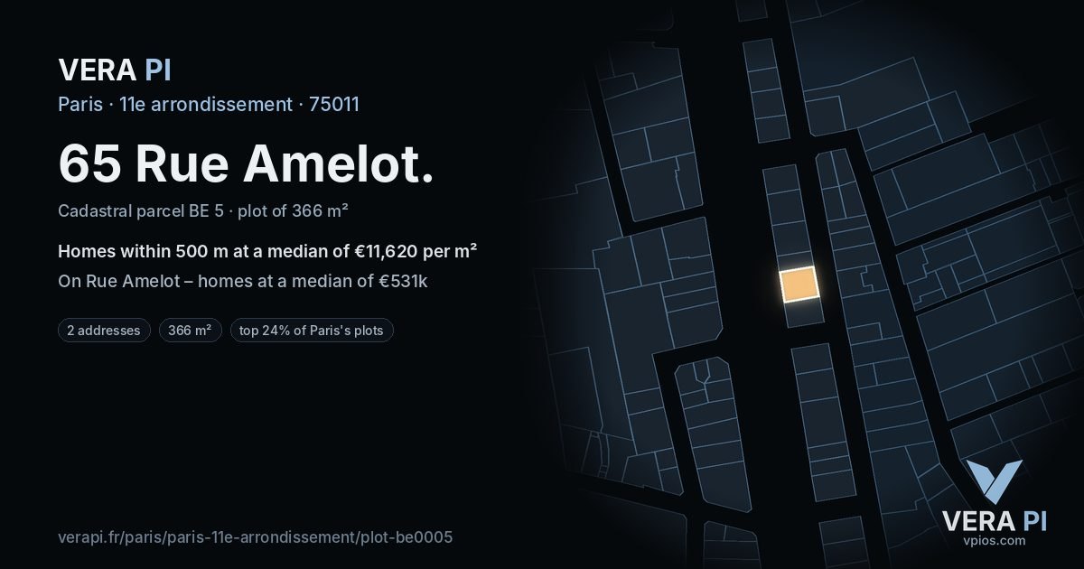 65 Rue Amelot, 11e arrondissement at night – the plot lit, the parcels around coloured by the prices near them