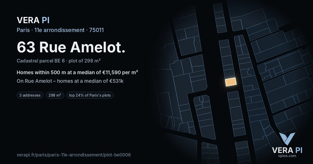 63 Rue Amelot, 11e arrondissement at night – the plot lit, the parcels around coloured by the prices near them