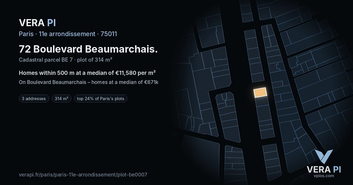 72 Boulevard Beaumarchais, 11e arrondissement at night – the plot lit, the parcels around coloured by the prices near them
