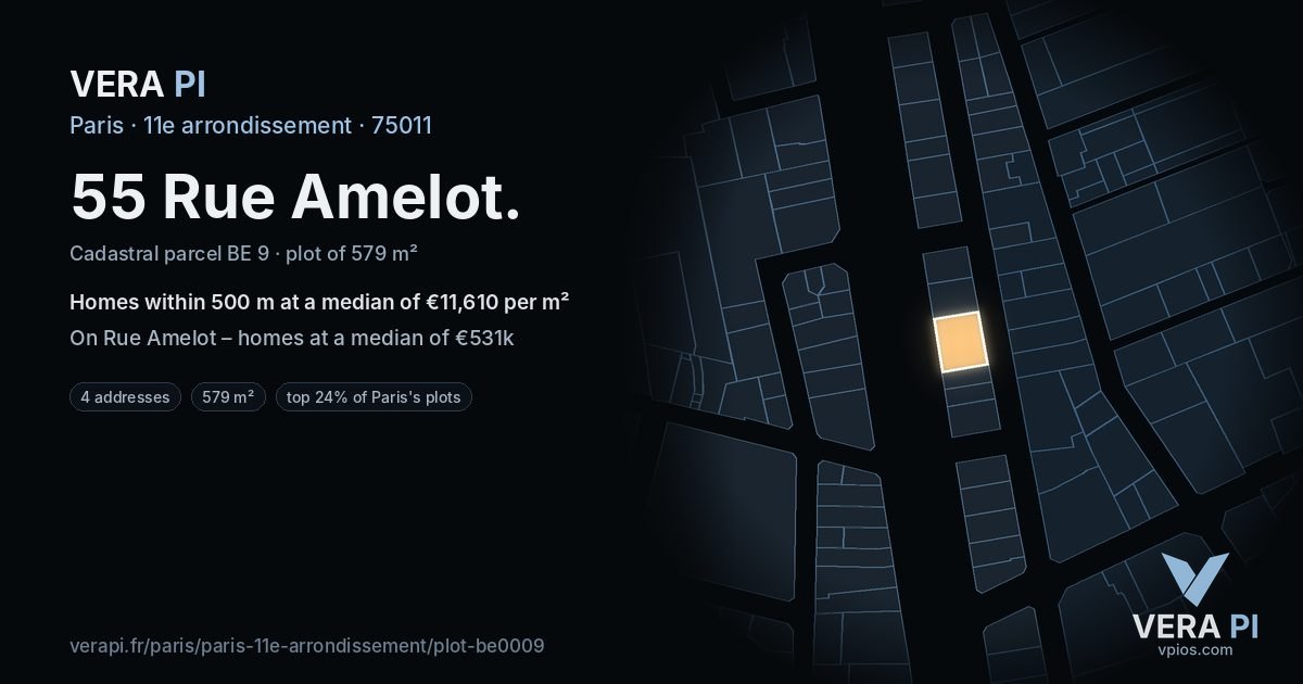 55 Rue Amelot, 11e arrondissement at night – the plot lit, the parcels around coloured by the prices near them