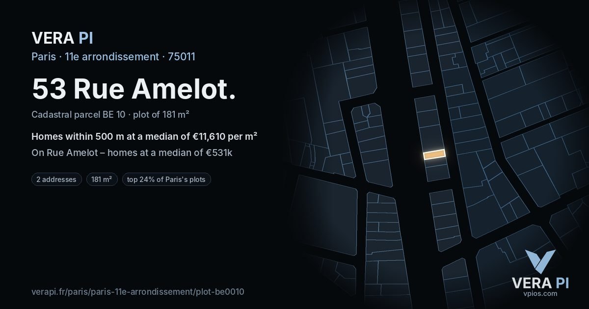 53 Rue Amelot, 11e arrondissement at night – the plot lit, the parcels around coloured by the prices near them