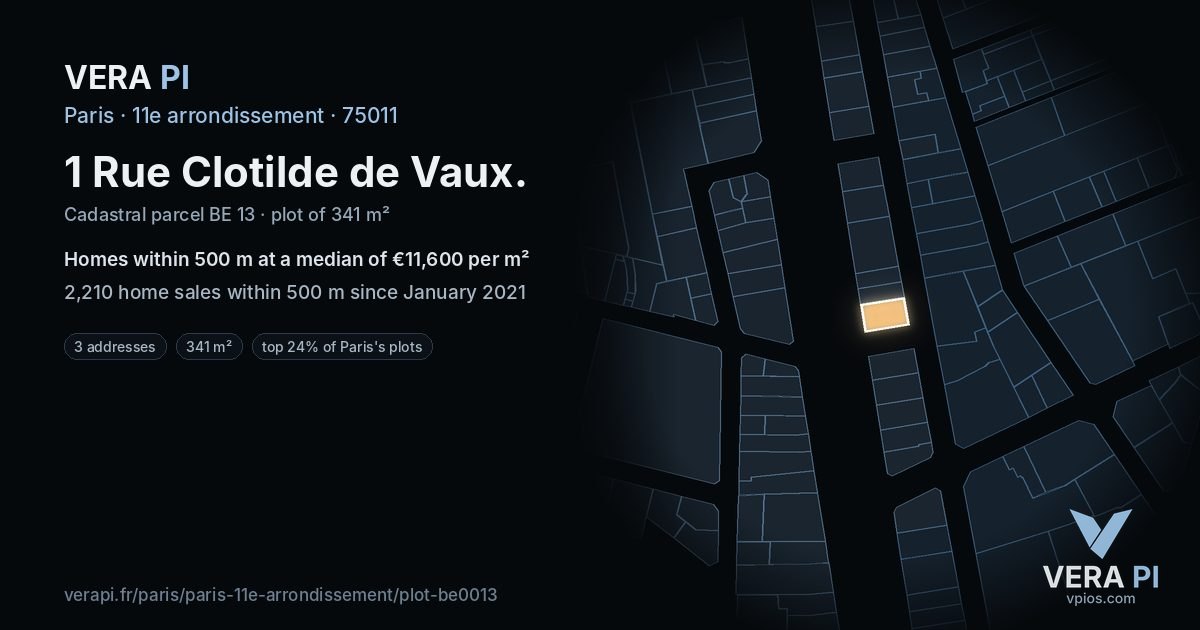 1 Rue Clotilde de Vaux, 11e arrondissement at night – the plot lit, the parcels around coloured by the prices near them